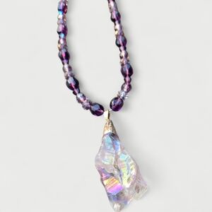 Aura Quartz Crystal Pendant Necklace Czech Glass Purple Beads 17" Rainbow